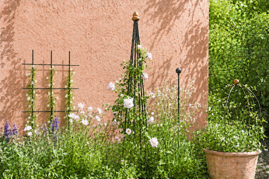 Metal garden trellis and plant support structures from Elevate Garden, including wall trellises, obelisks, and plant stakes
