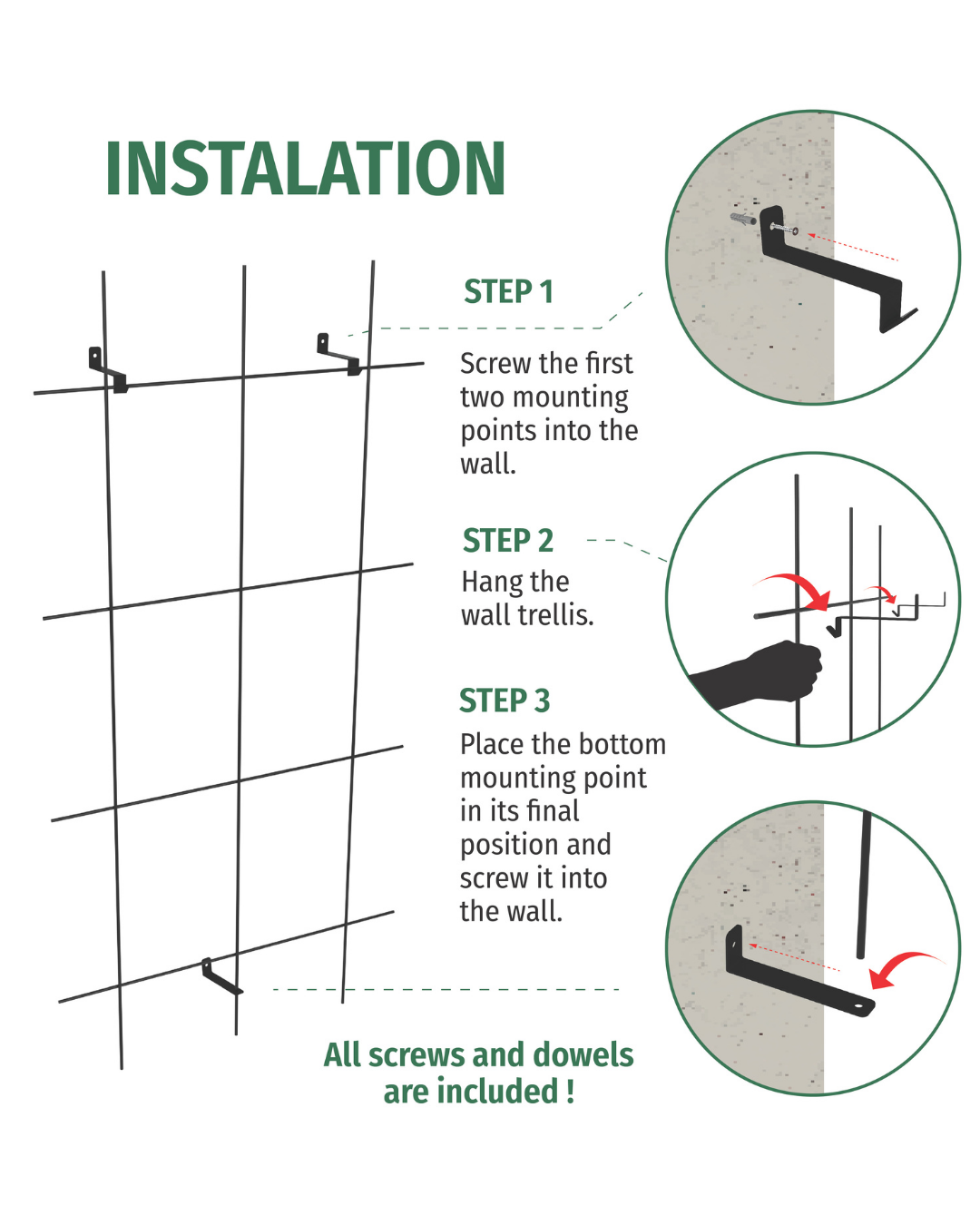 Metal Garden Wall Trellis: Plant Support for Climbing Plants -  Black, White or Rustic Finish