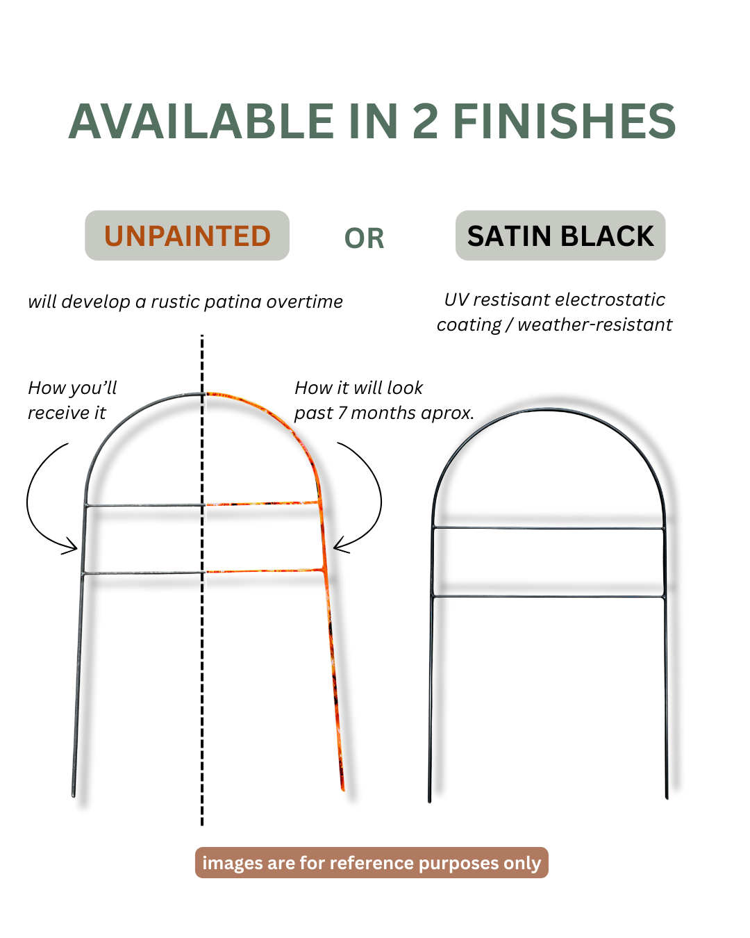 Large Metal Garden Border Fence: 33" Tall, Black Coated or Rustic Finish