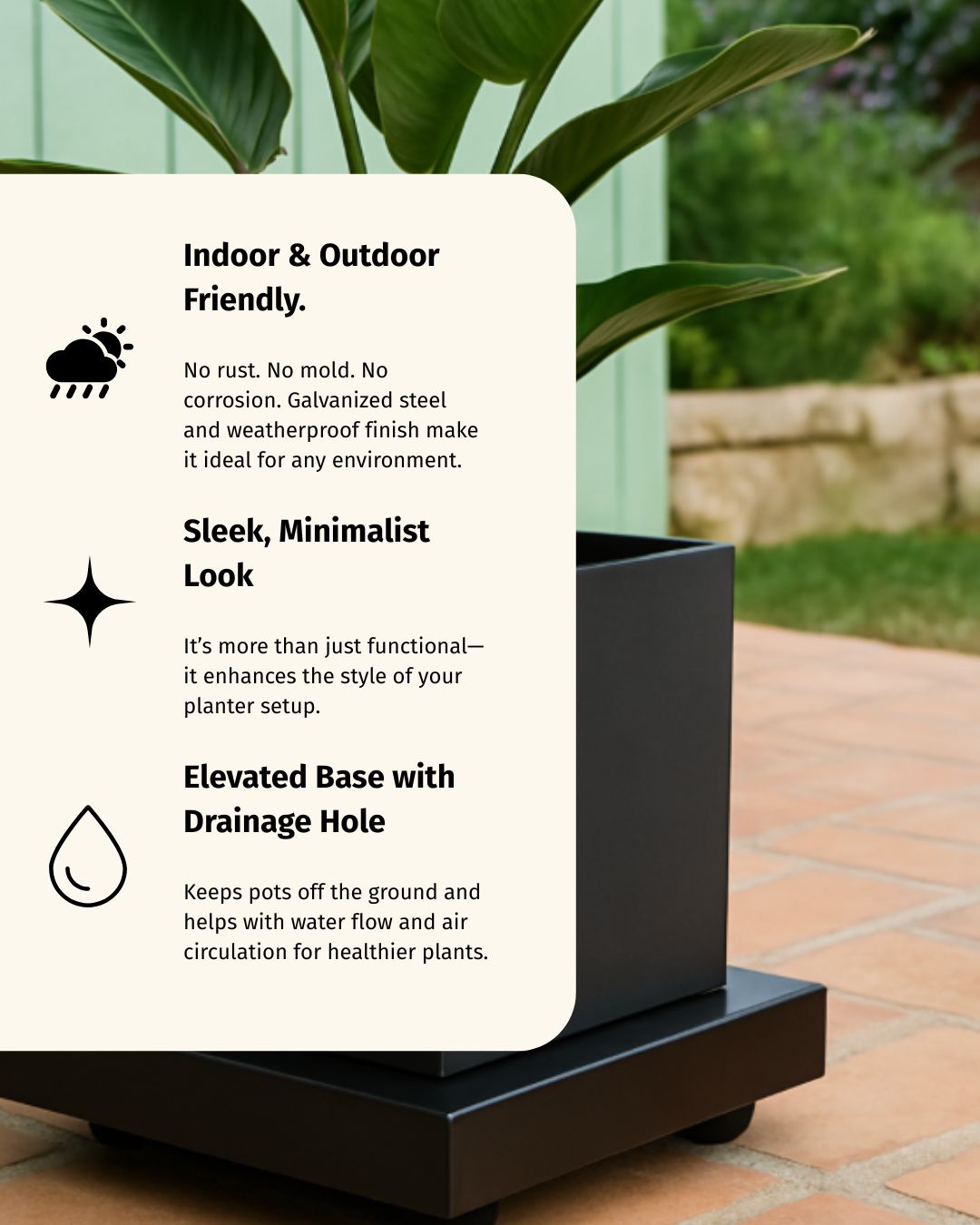 Rolling Plant Stand with Wheels for Squared Pots - Black Finish - 12" or 16"