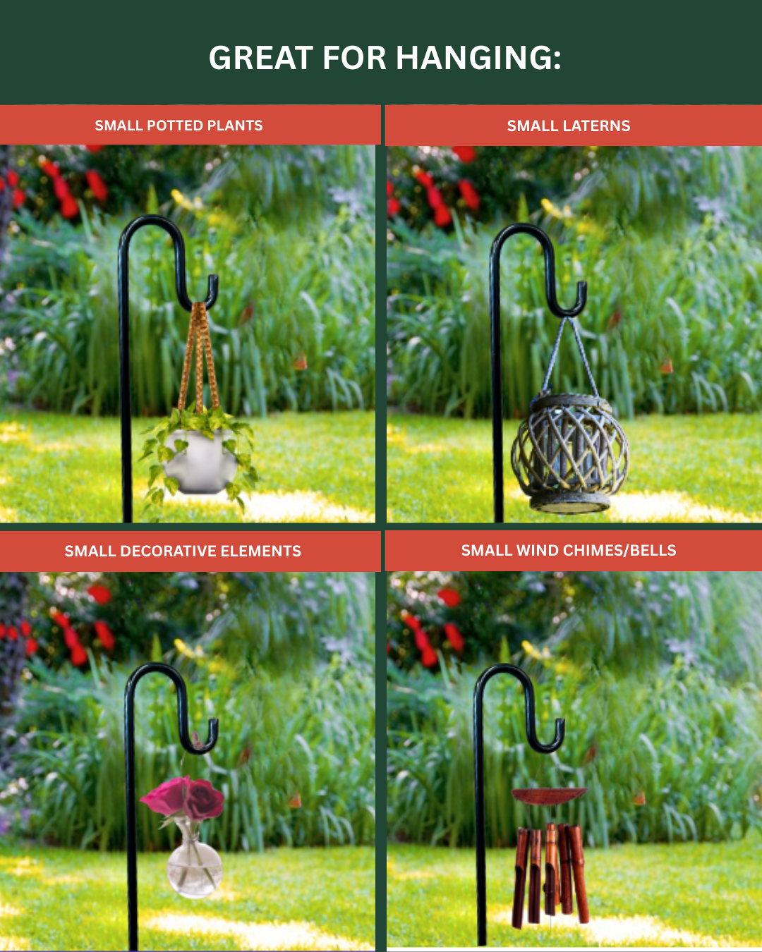 Steel Shepherd Hook: 31" Decorative Garden Hanger, Black Coated or Rustic Steel Finish